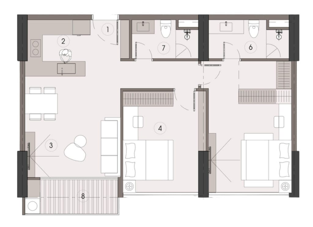 Layout can ho 2PN Alumi Xuan Cau